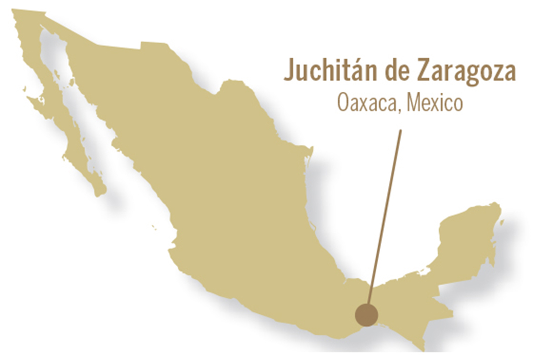 On an outline of Mexico, a line points to the location of Juchitan de Zaragoza in Oaxaca Mexico on the southern side of the country’s isthmus.
