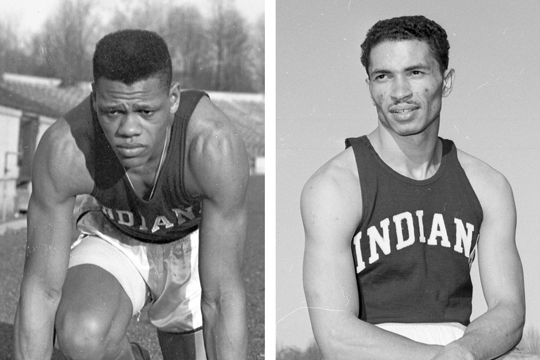 Two black-and-white photos side by side. At left, a photo of male track athlete crouched in the “set” position and focusing intently on the track ahead. At right, a photo of a male track athlete smiling and looking into the distance while wearing a track uniform that says “Indiana” across the chest.