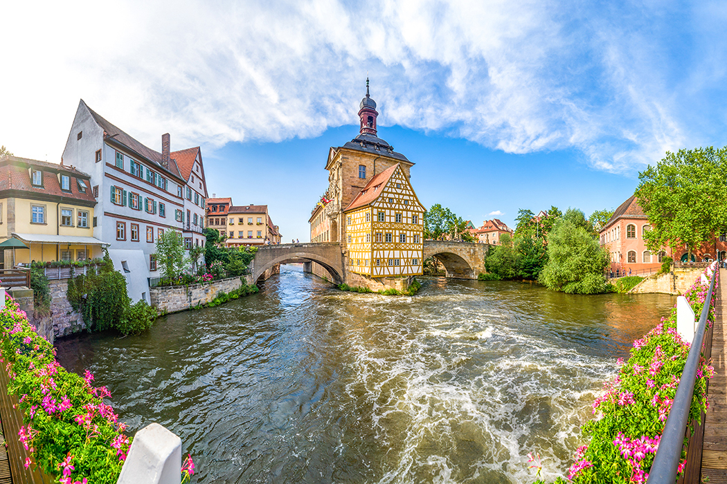 Regnitz river in Bamberg on a sunny day 